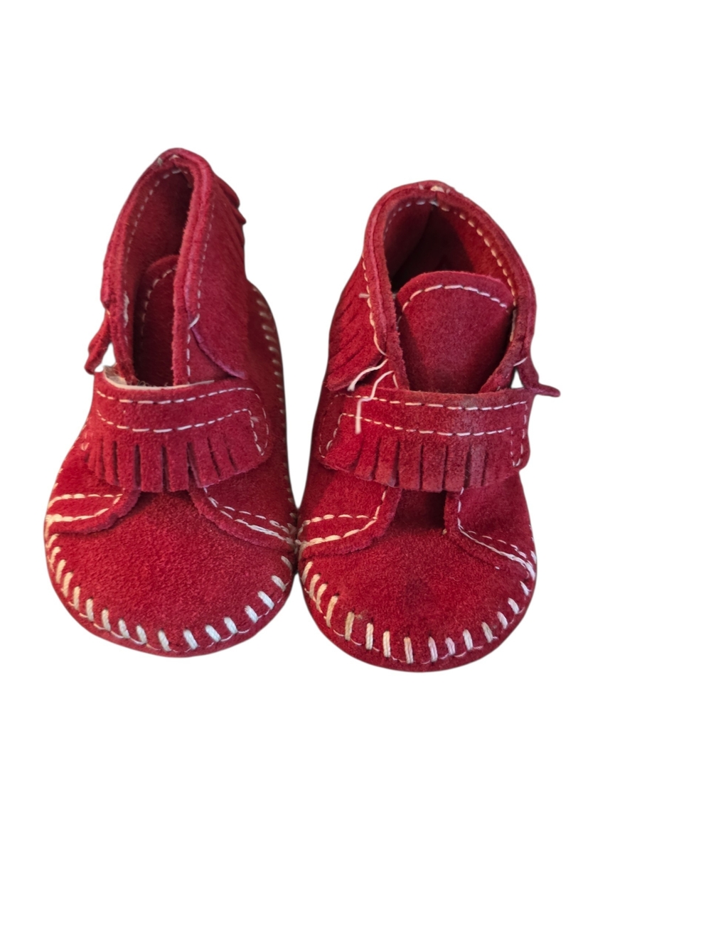 Minnetonka Red Suede Fringe Baby Moccasins